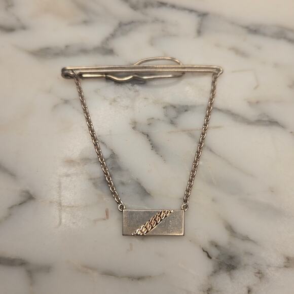 Vintage Sterling Silver & 14K Gold Two-Tone Tie Bar Clip with Safety Chain